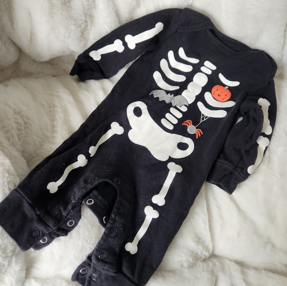 Carter's Black Skeleton One-Piece with White Bones and Orange Pumpkin
